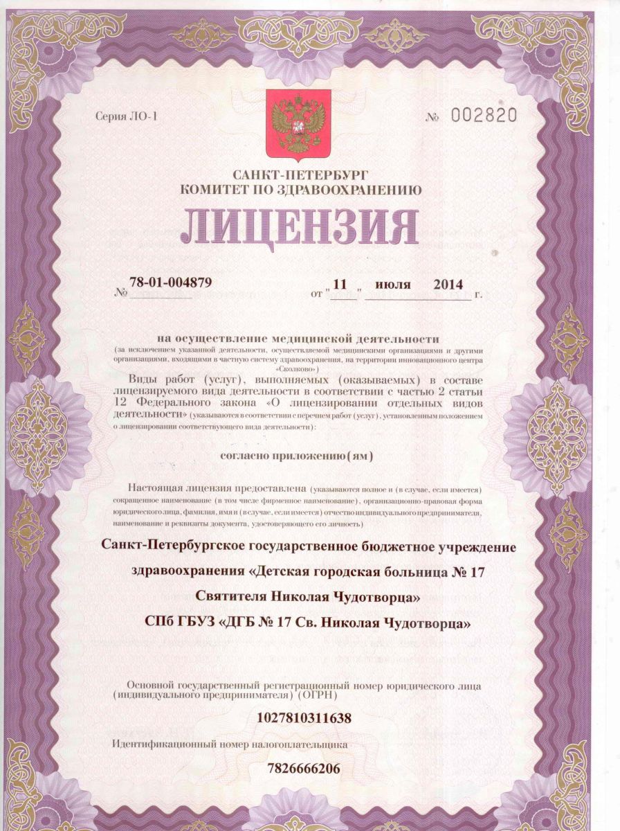 Лицензия Детская ГБ 17 на Декабристов