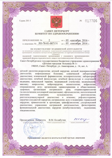 Лицензия Детская городская больница 1 на Авангардной