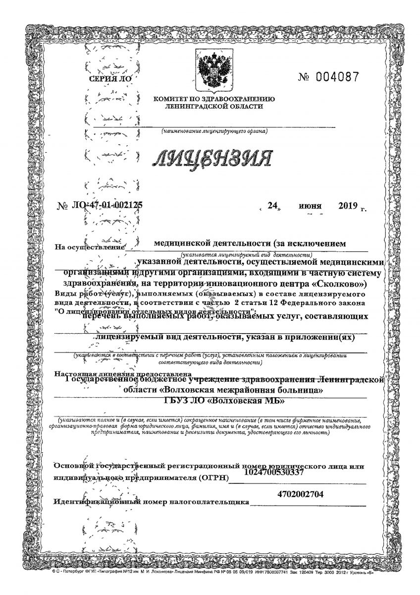 Лицензия Волховская больница